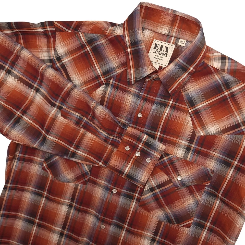 Ely‎ Cattleman Shirt Mens M Brown Plaid Western Pearl Snap Long Sleeve Cowboy